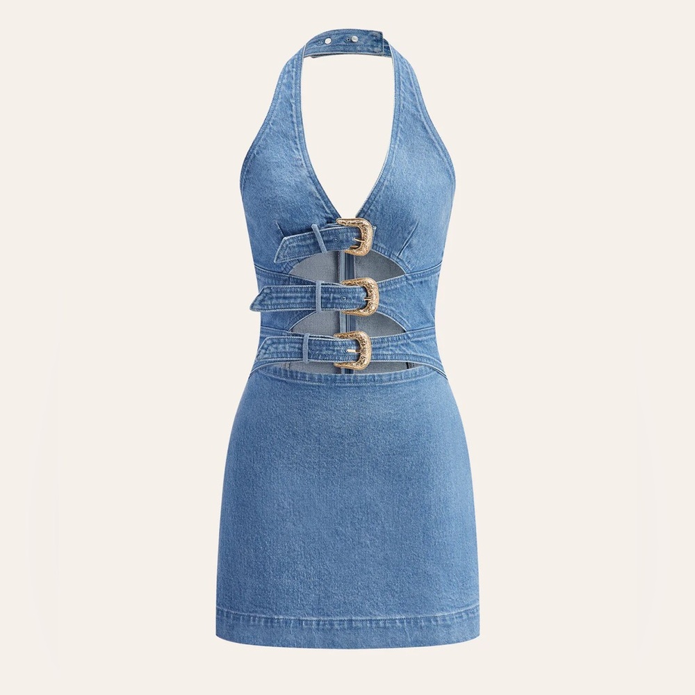 Commense Blue Denim Halter Dress with Buckle Accents